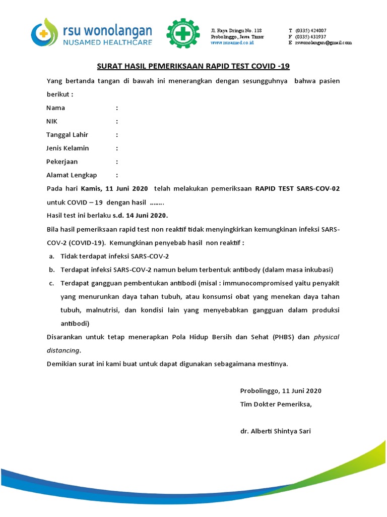 Surat Hasil Pemeriksaan Rapid Test Covid