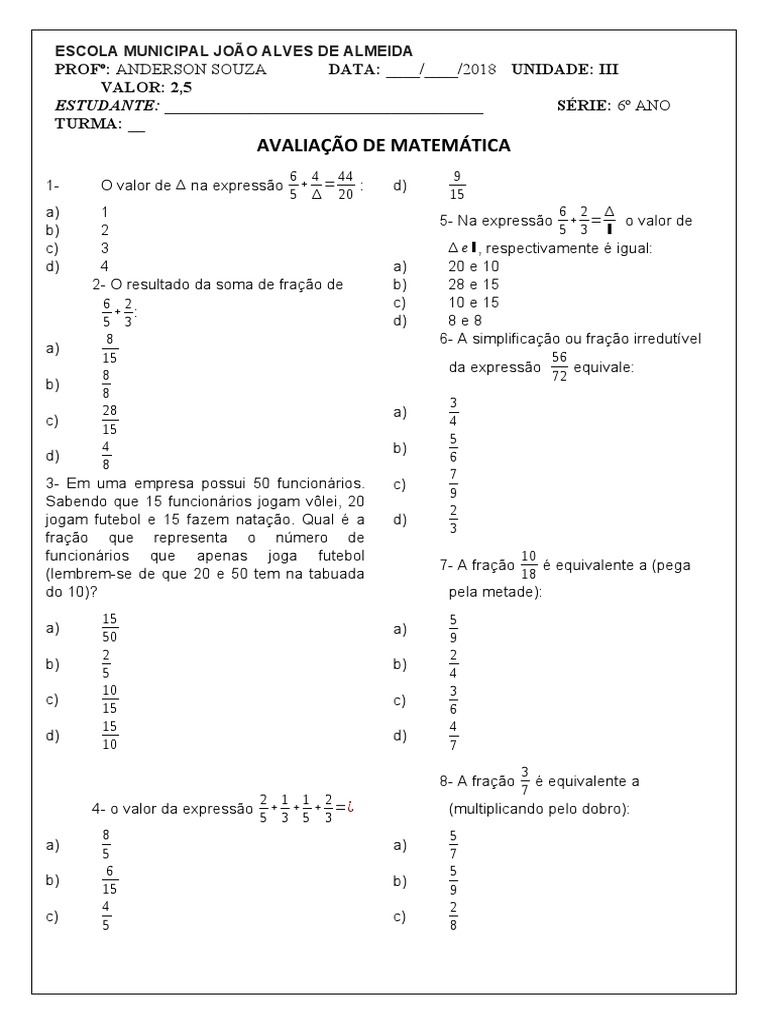 Avaliação 6 Ano - FRAÇÃO, PDF, Fração (Matemática)