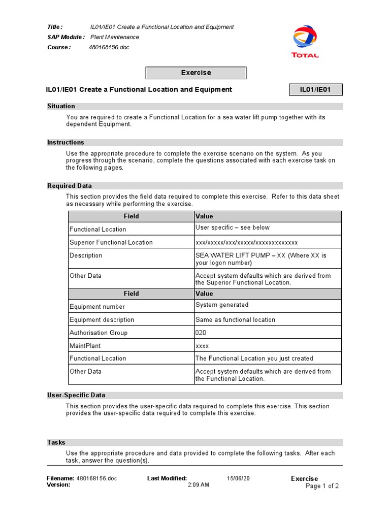 Exercise IL01/IE01 Create A Functional Location and Equipment IL01/IE01 ...
