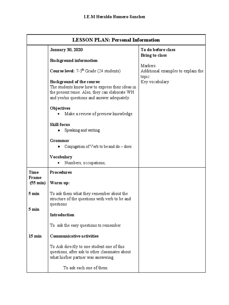 LESSON PLAN Personal Information | PDF | Question | Linguistics