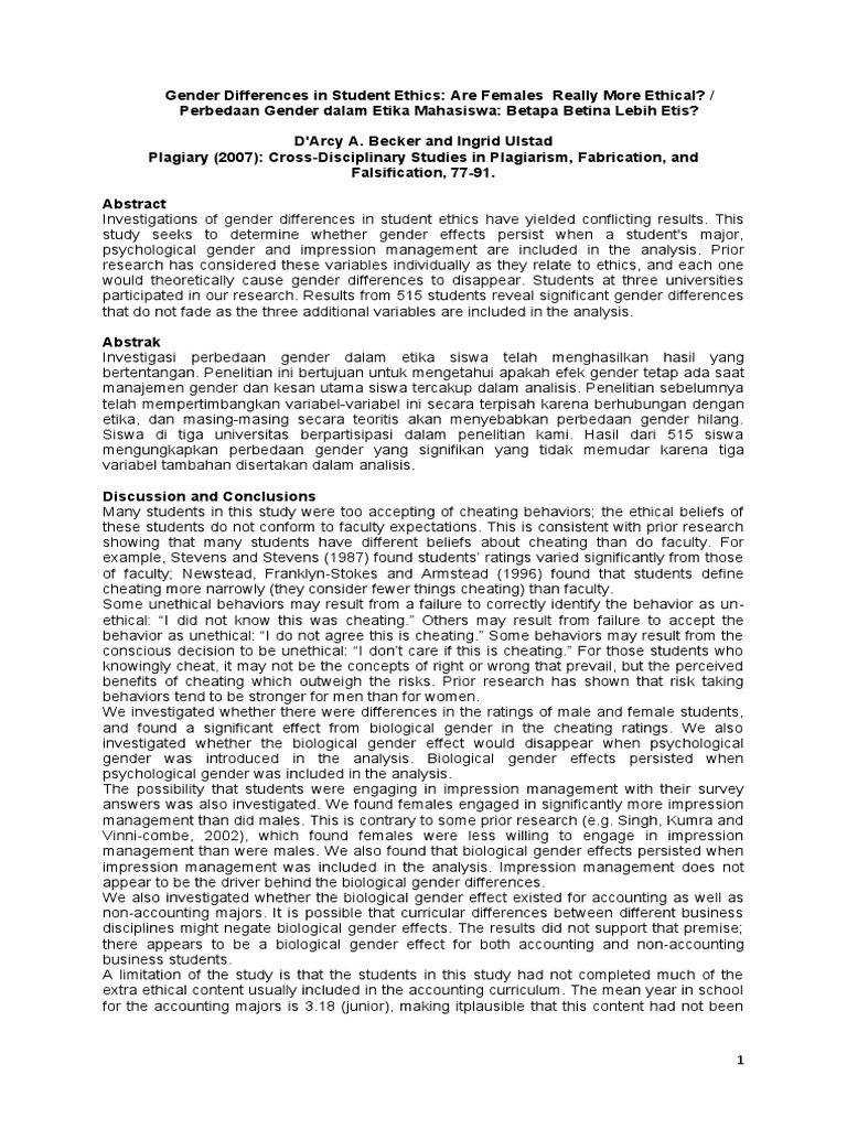 Gender Differences in Student Ethics Are Females Really More | PDF ...