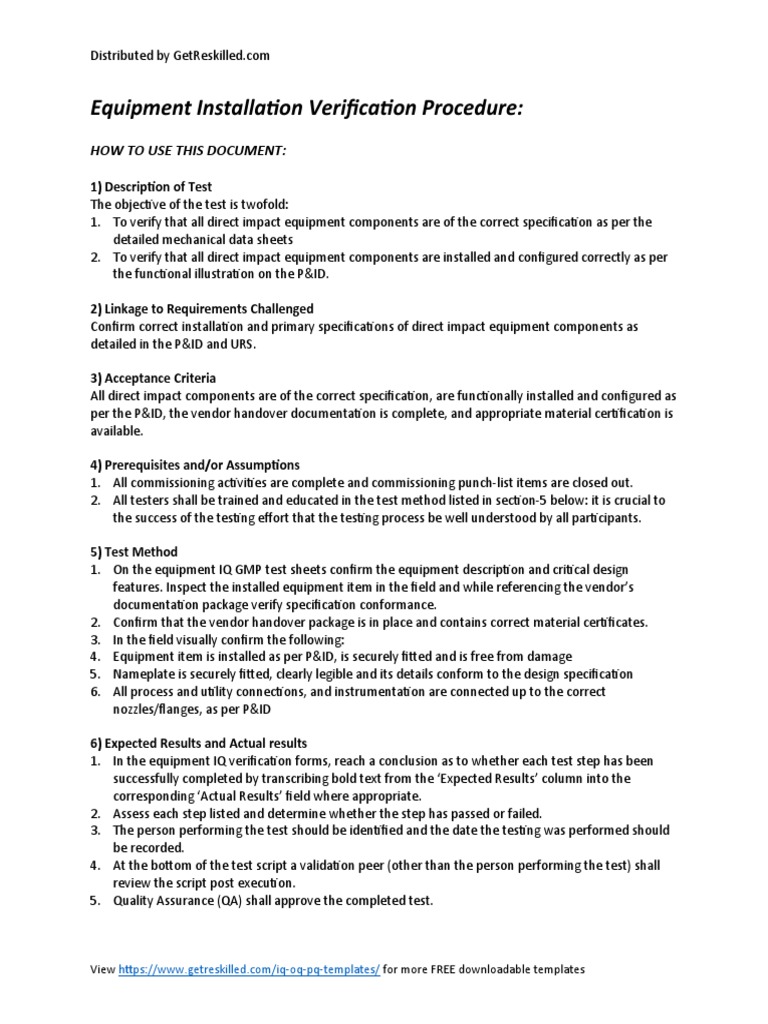 Equipment Installation Verification Procedure How To Use This