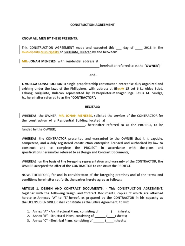 Construction Agreement for Residential Project | PDF | General ...