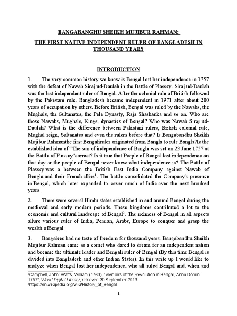 Bangabandhu Sheikh Mujibur Rahman, The First Independent Ruler of