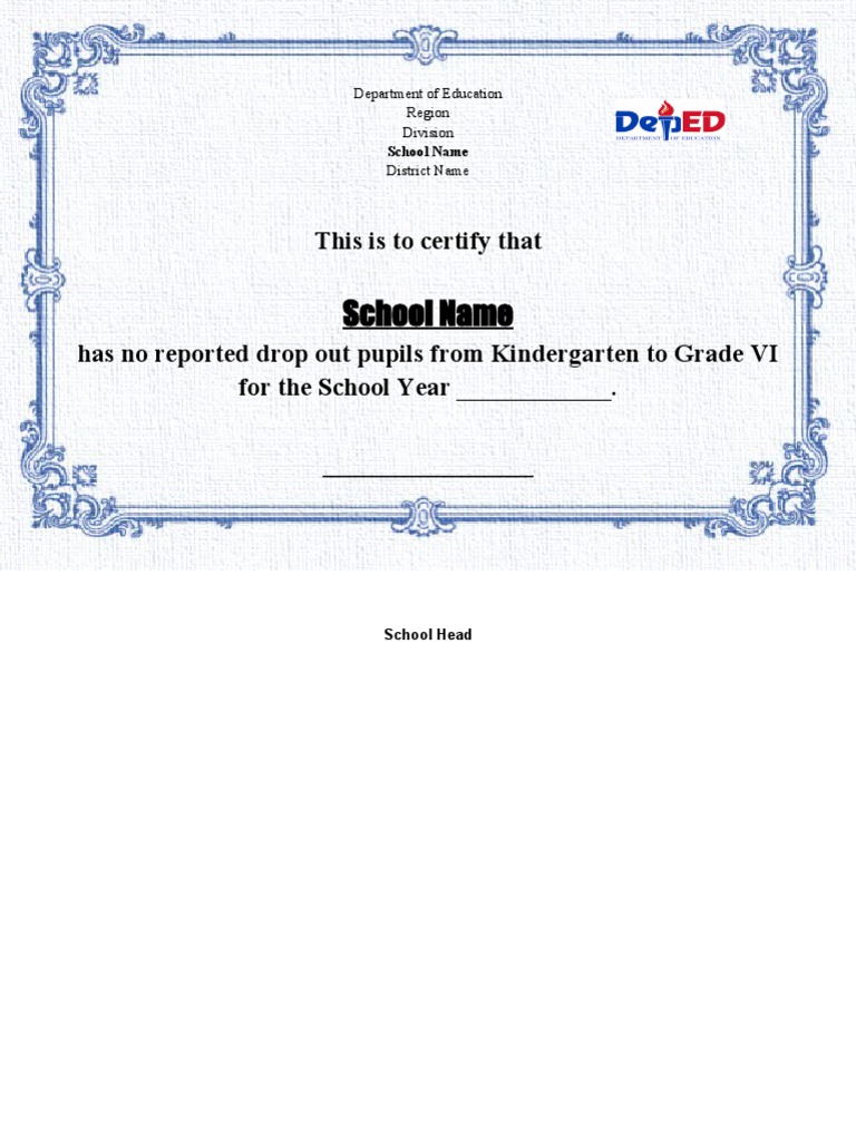 Certification of No Dropouts in School | PDF