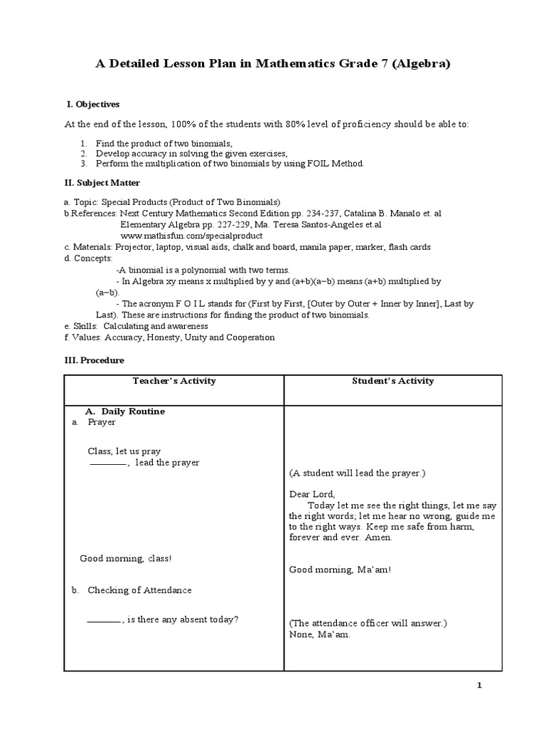 A Detailed Lesson Plan in Mathematics Grade 7 (Algebra) : I. Objectives ...