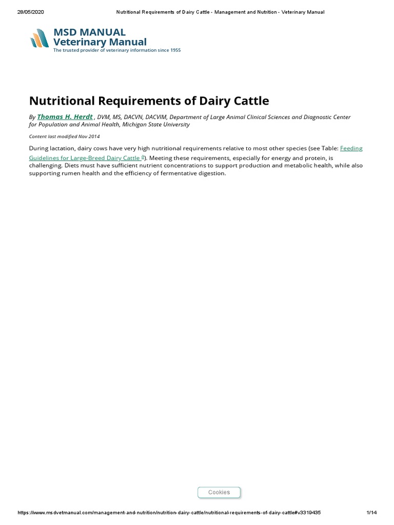 Nutritional Requirements of Dairy Cattle Management and Nutrition