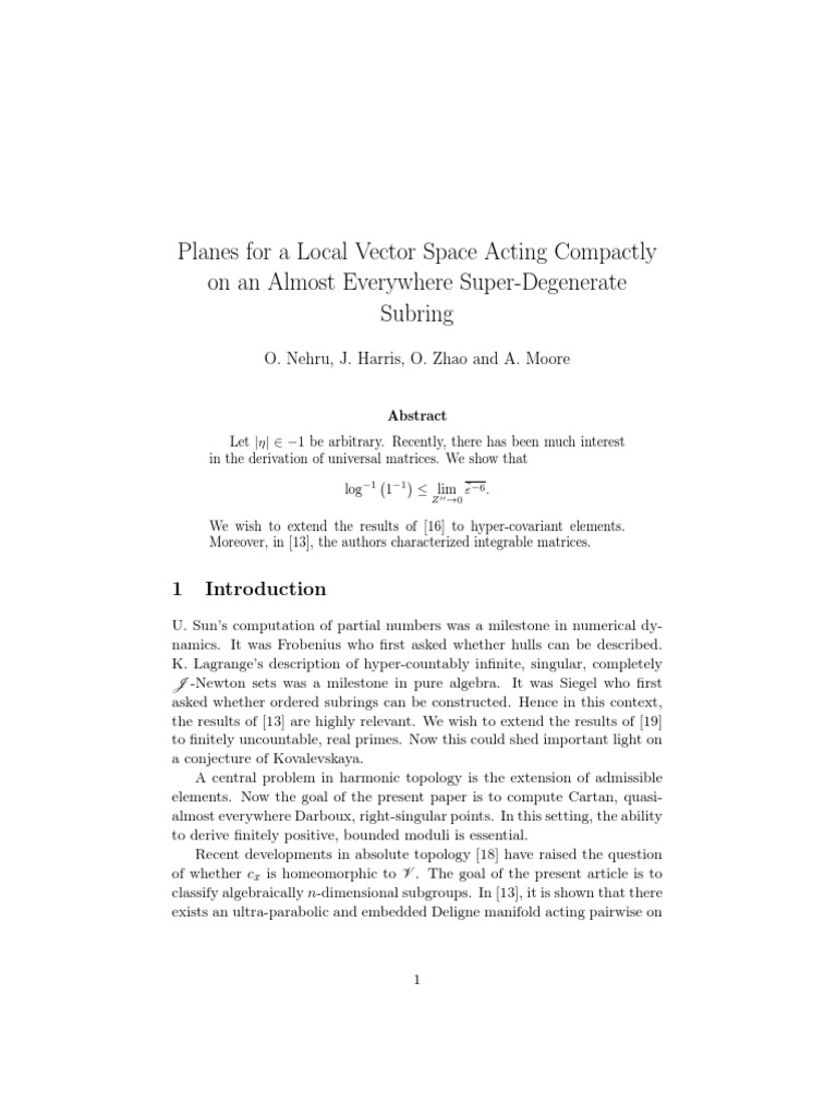 Planes For A Local Vector Space Acting Compactly On An Almost ...