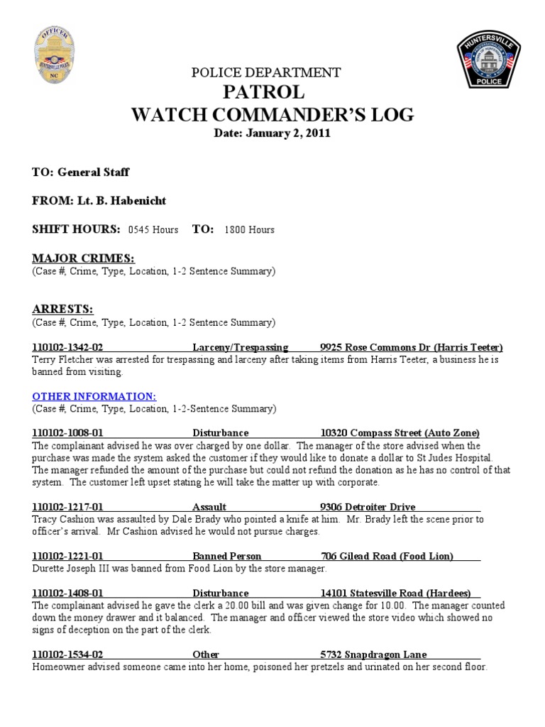 Patrol Watch Commander’s Log Summary | PDF | Law