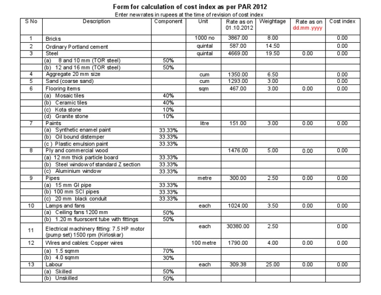 Cost Index Calculation per PAR 2012 | PDF | Pipe (Fluid Conveyance ...