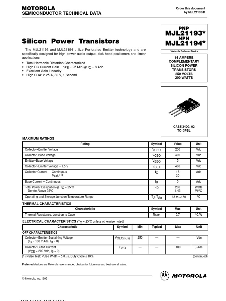 Транзистор MJL21194 | PDF | Bipolar Junction Transistor | Amplifier
