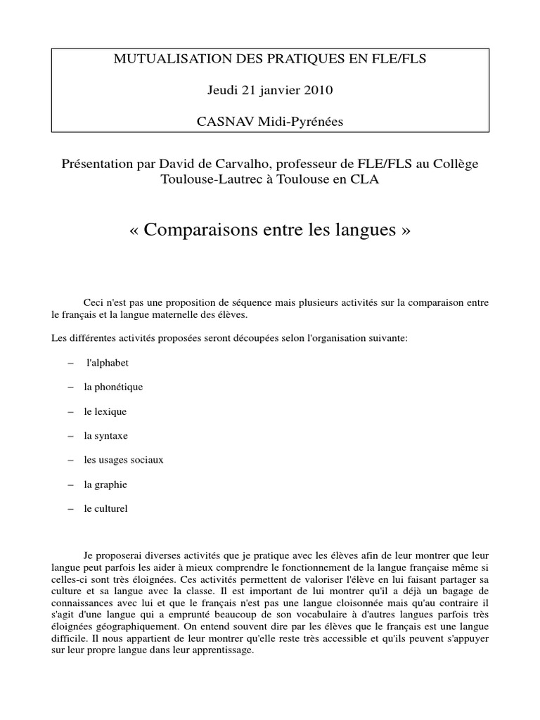 Comparons Nos Langues Pdf Langue Francaise Alphabet