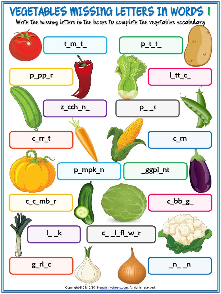 Vegetables Vocabulary Esl Missing Letters In Words Worksheets For Kids Pdf Vegetables Domesticated Plants
