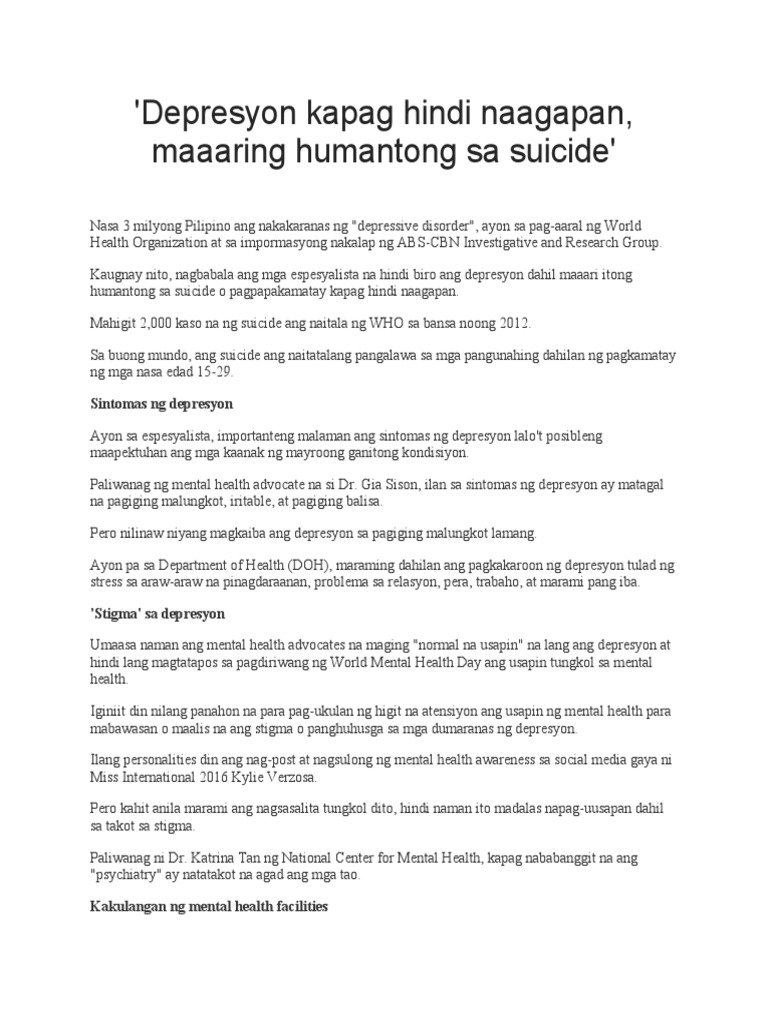 Depresyon Kapag Hindi Naagapan | PDF