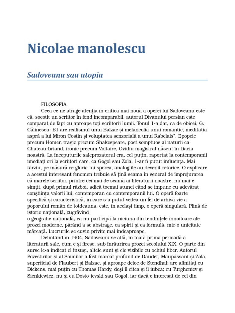 Manolescu - Sadoveanu Sau Utopia Cartii PDF
