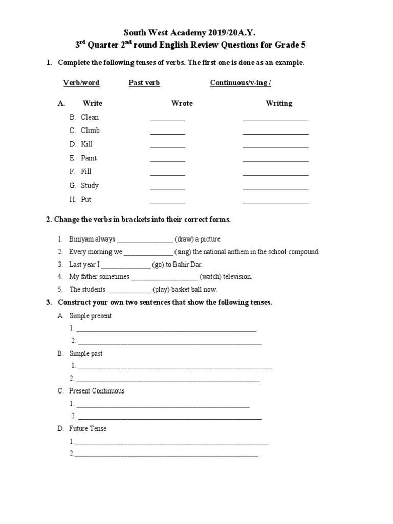 Grade 5 English Worksheet | PDF