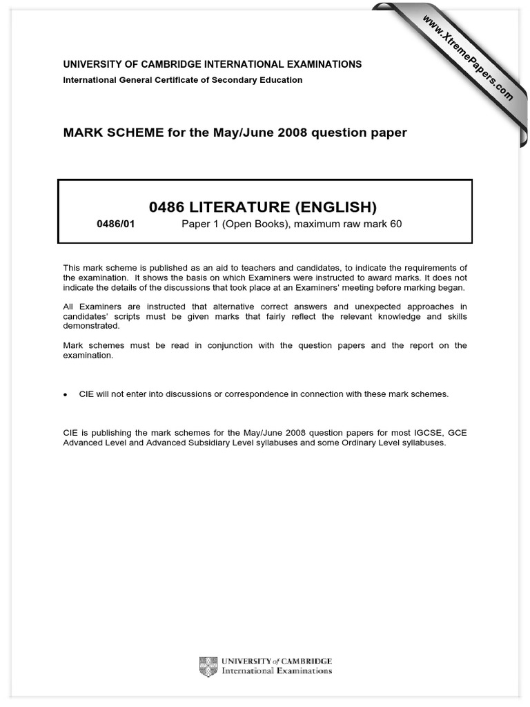 0486 Literature (English) : MARK SCHEME For The May/June 2008 Question ...