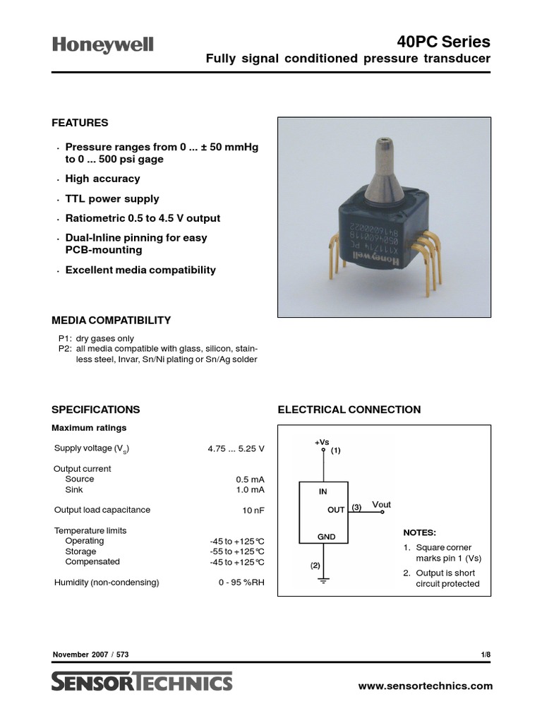 40PC Series Fully Signal Conditioned Pressure Transducer Download