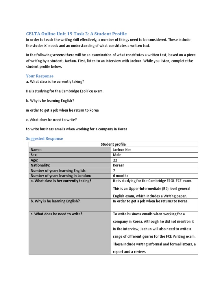 Student Profile for CELTA Unit 19 | PDF