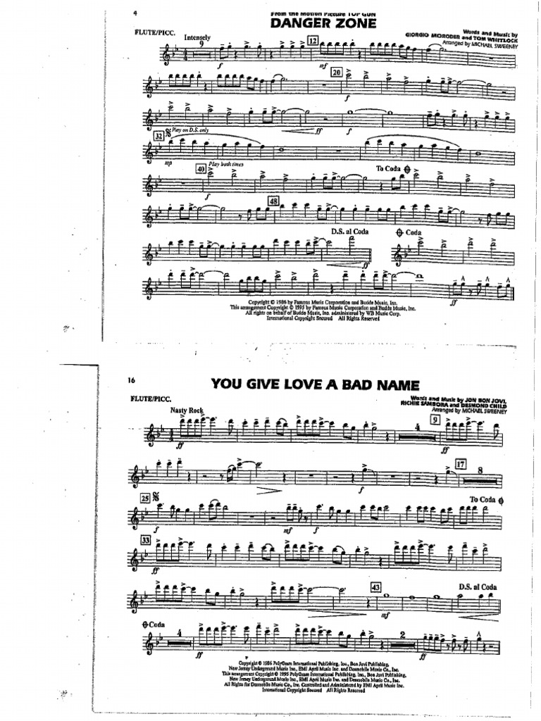 Danger Zone You Give Love A Bad Name Parts PDF