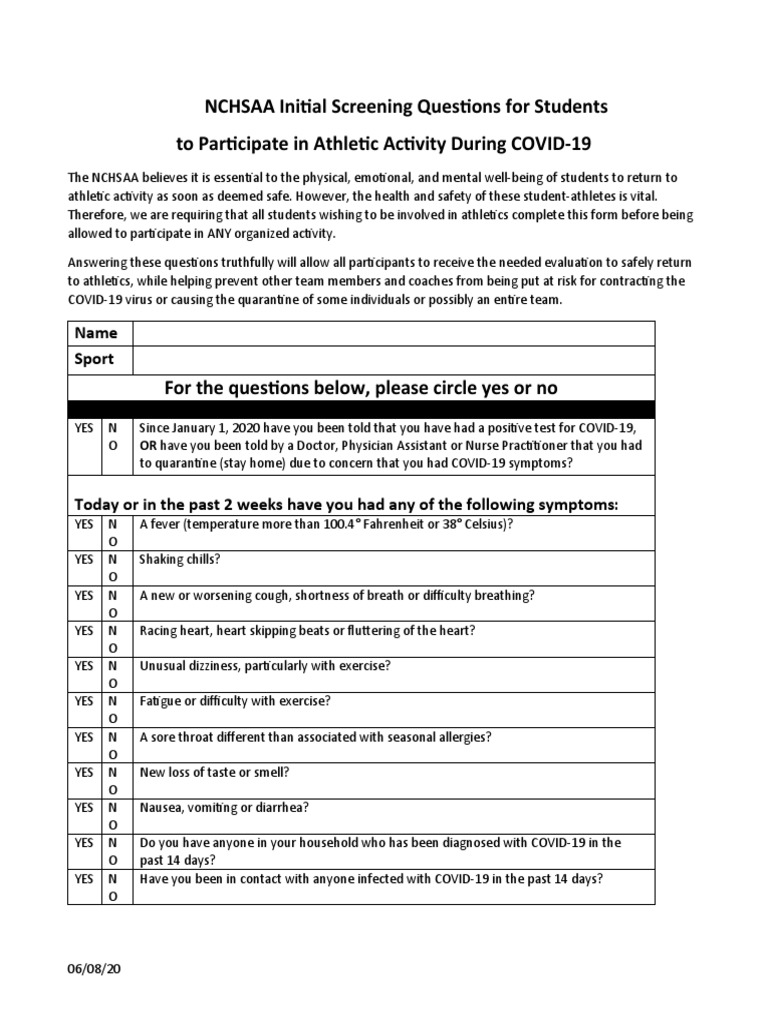 NCHSAA COVID-19 Screening Form | PDF | Public Health | Health Care