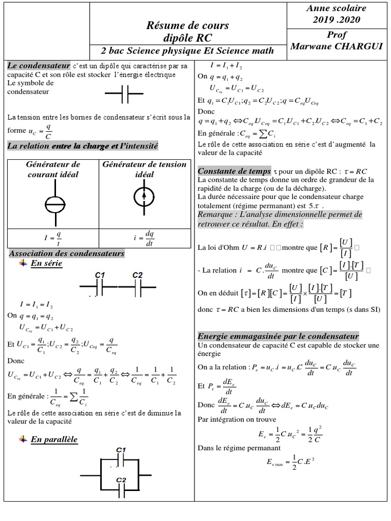Dipole Rc Resume De Cours Condensateur Tension Electrique