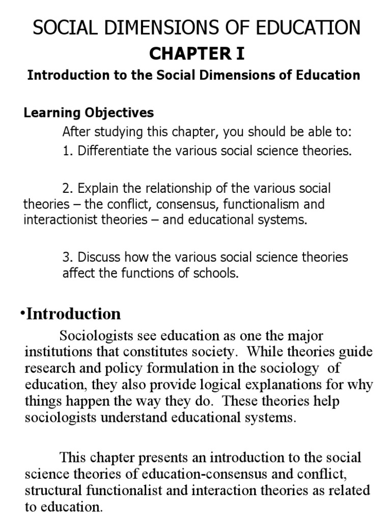 Introduction To The Social Dimensions of Education Learning Objectives ...