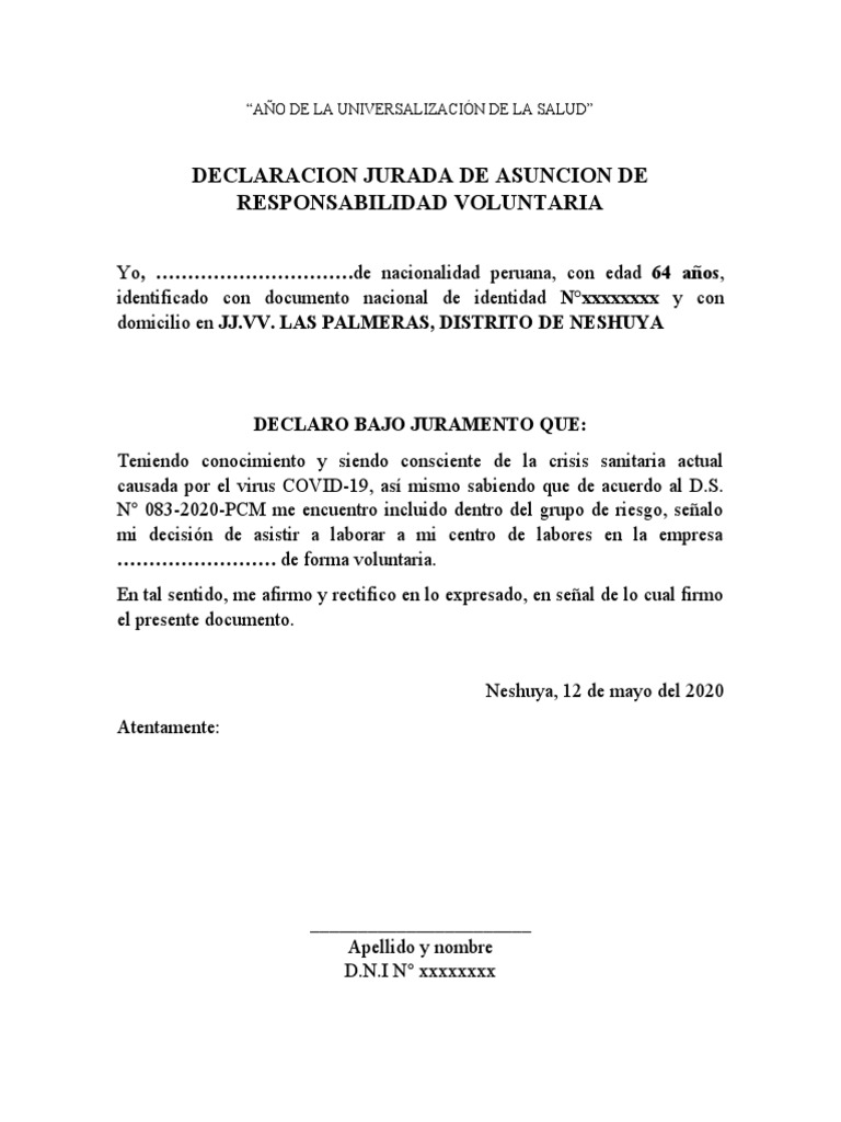Modelo de Declaracion Jurada - Trabajo Voluntario | PDF