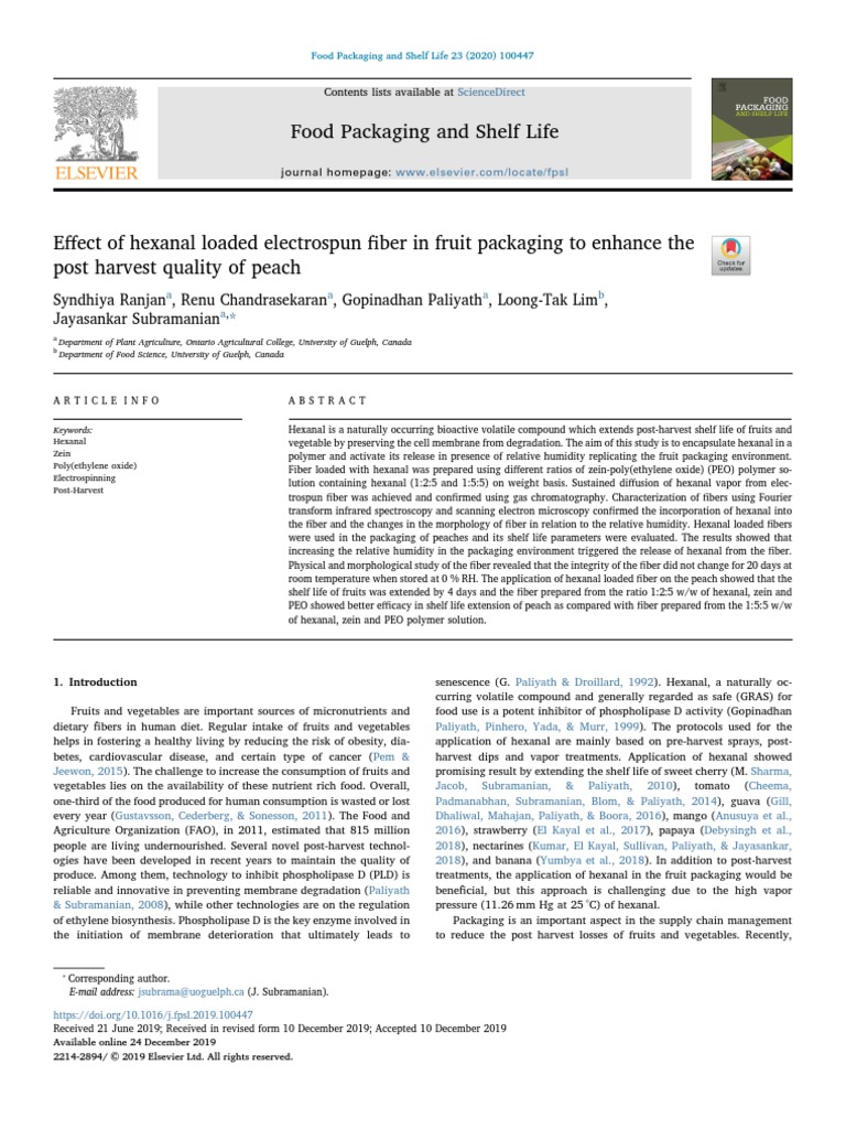 Effect Of Hexanal Loaded Electrospun Fiber In Fruit Pac Food Packaging Pdf Scanning Electron Microscope Electron Microscope