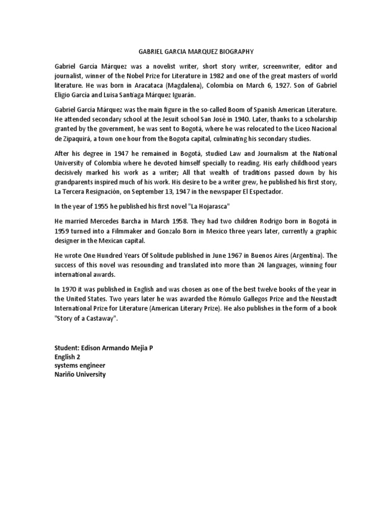 Gabriel Garcia Marquez Biography | PDF | History | Classics, image size:768x1024