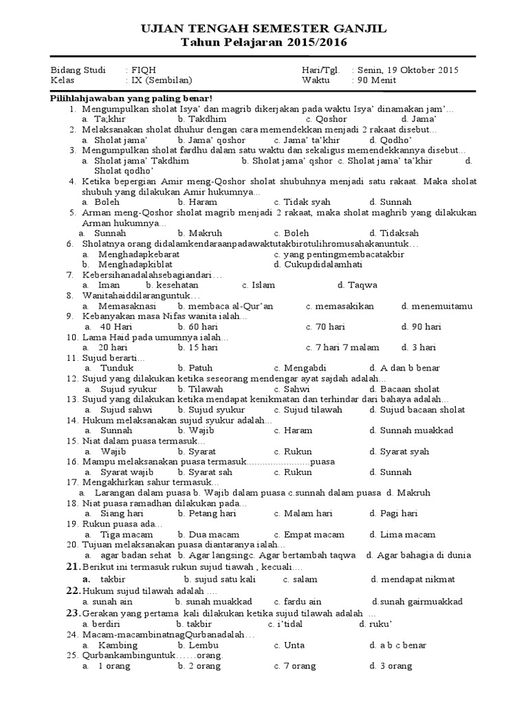 Ujian Tengah Semester Ganjil Tahun Pelajaran 2015 2016 Pilihlahjawaban Yang Paling Benar