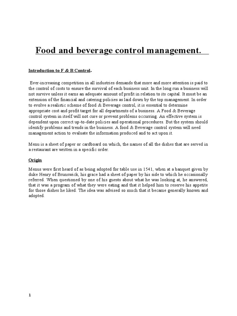 Introduction to F&B control management | PDF | Menu | Foodservice