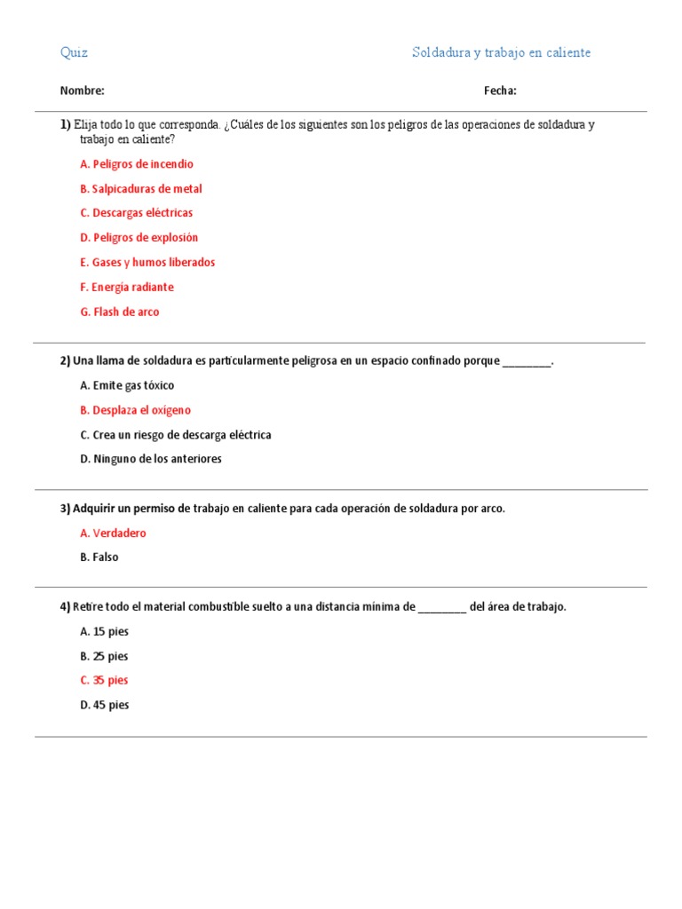 PTW Hot Work Quiz Spanish PDF Cromo Soldadura