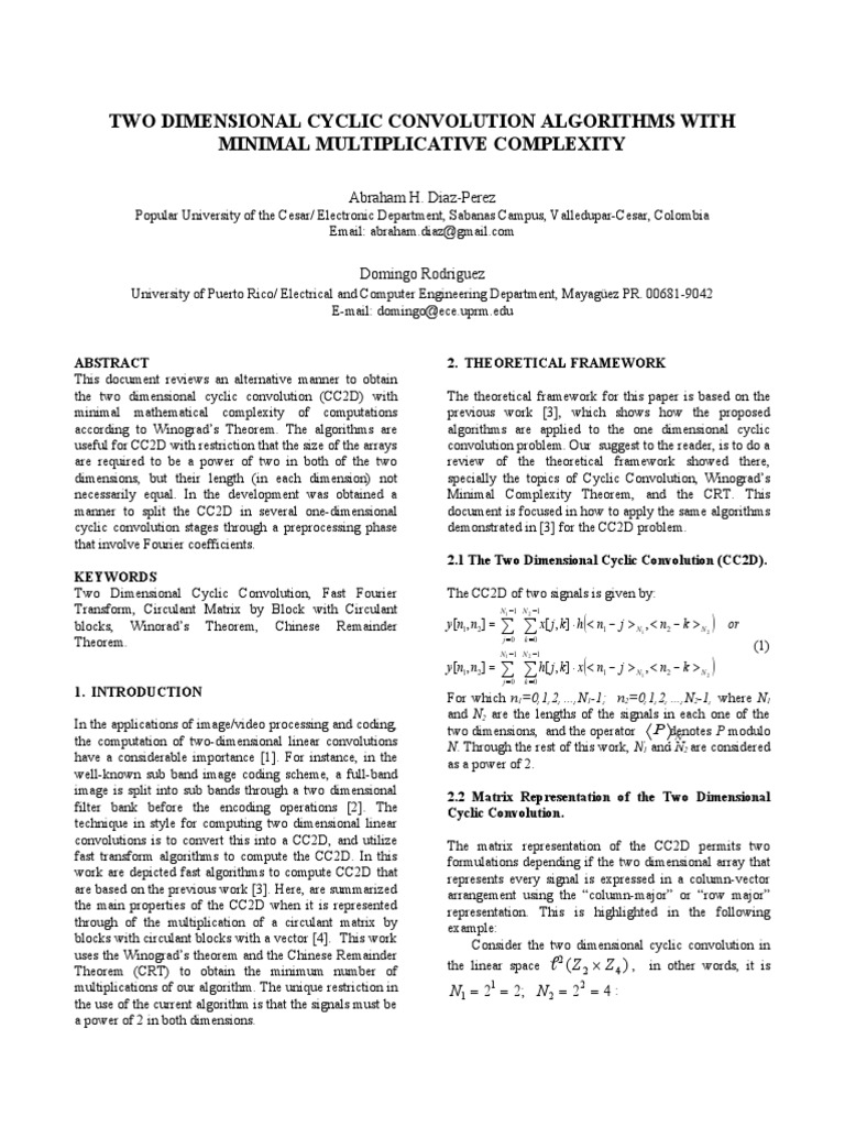 Two Dimensional Cyclic Convolution Algorithms With Minimal ...