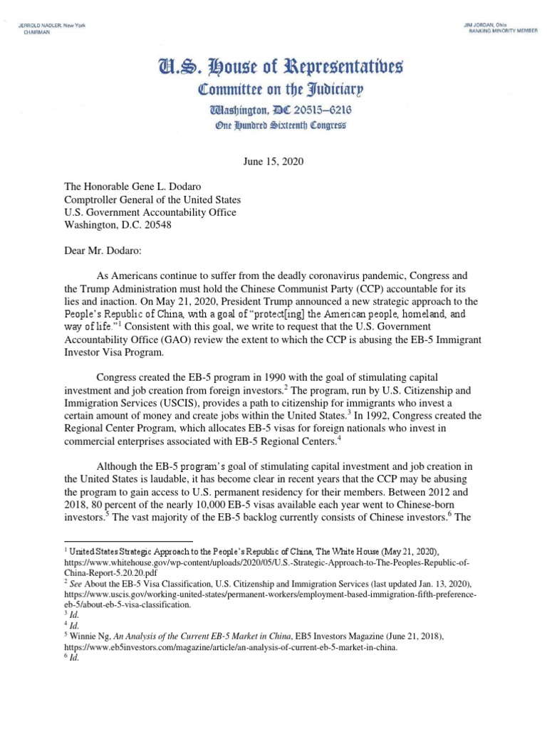 House Judiciary Committee Letter On EB5 United States Citizenship