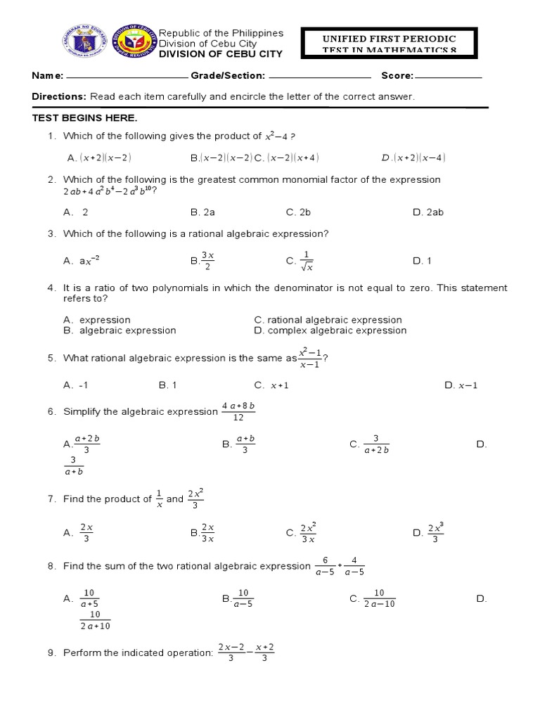 UNIFIED MATH 8 FIRST PERIODIC TEST With Answer Key | PDF | Mathematical ...