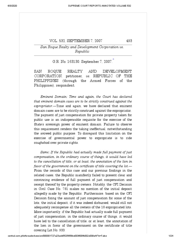 1 San Roque Realty Devt V Republic PDF Title (Property) Eminent