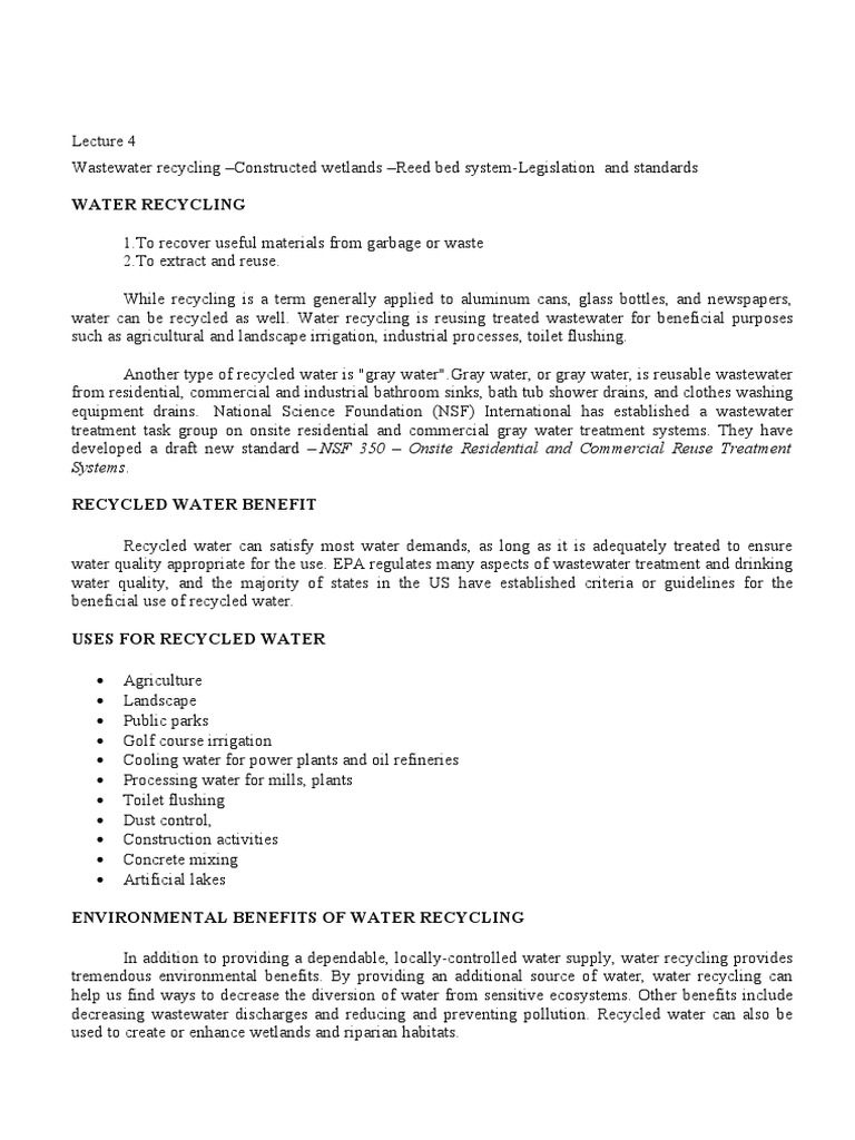 REED BED SYSTEM ENS 301 Notes PDF Reclaimed Water Wetland