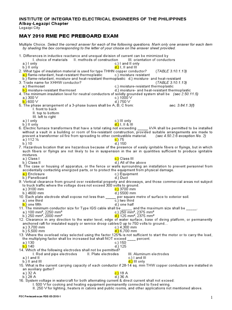 PEC 2010 Preboard Exam Questions | PDF | Insulator (Electricity ...