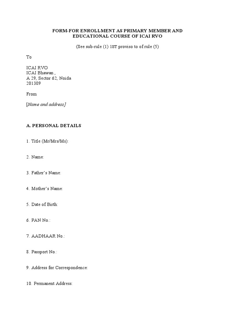 ICAI RVO Primary Member Enrollment Form | PDF | Real Estate Appraisal ...