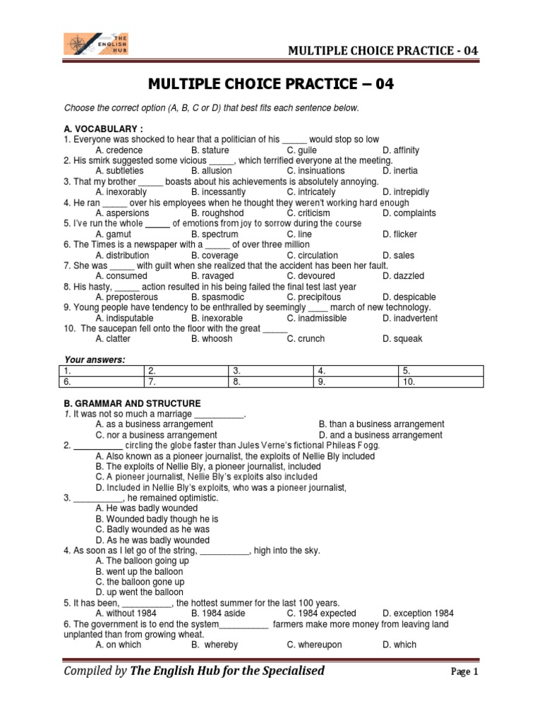 Vocabulary and Grammar MCQ Practice | PDF
