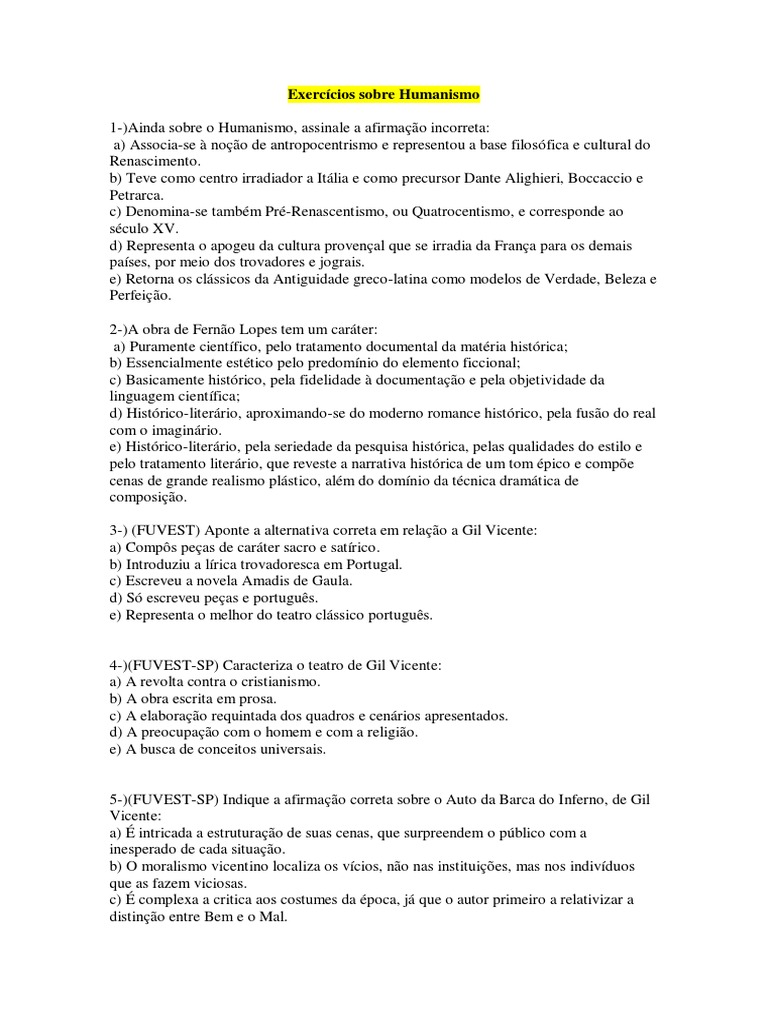 Exercícios sobre Gil Vicente e Humanismo | PDF | Religião e crença