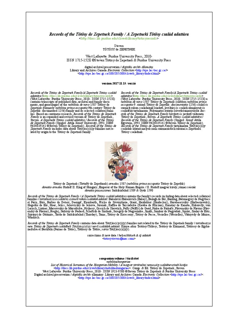 Records Of The Totosy De Zepetnek Family A Zepetneki Totosy Csalad Adattara Http Docs Lib Purdue Edu Clcweblibrary Totosyrecords Pdf