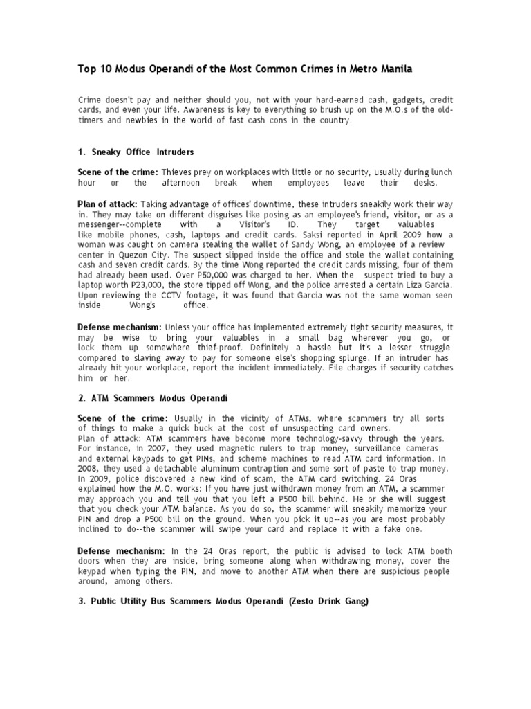 Top 10 Modus Operandi of The Most Common Crimes in Metro Manila | PDF ...