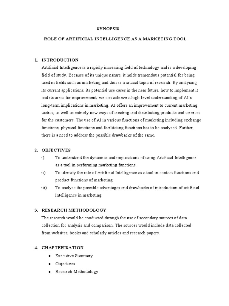 Synopsis Role of Artificial Intelligence As A Marketing Tool | PDF