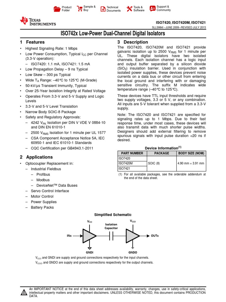 ISO742x Low-Power Dual-Channel Digital Isolators: 1 Features 3 ...