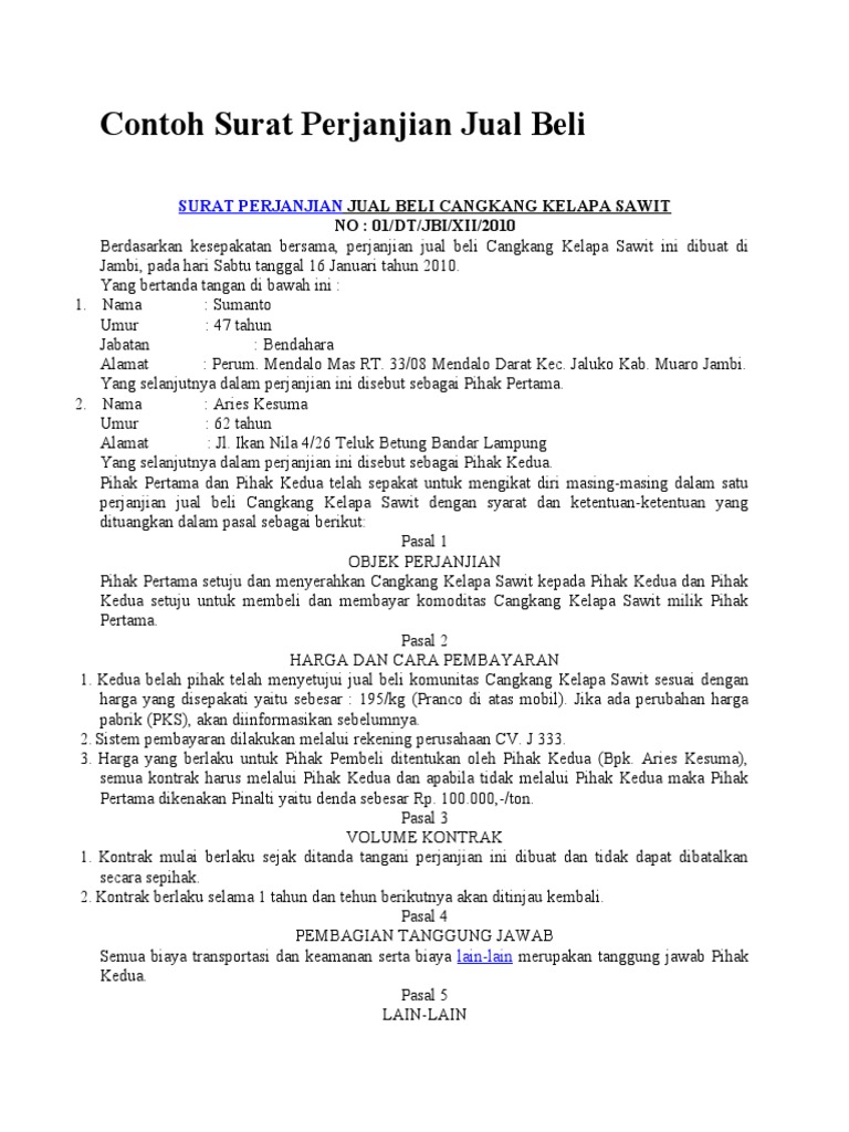 Contoh Surat Perjanjian Jual Beli