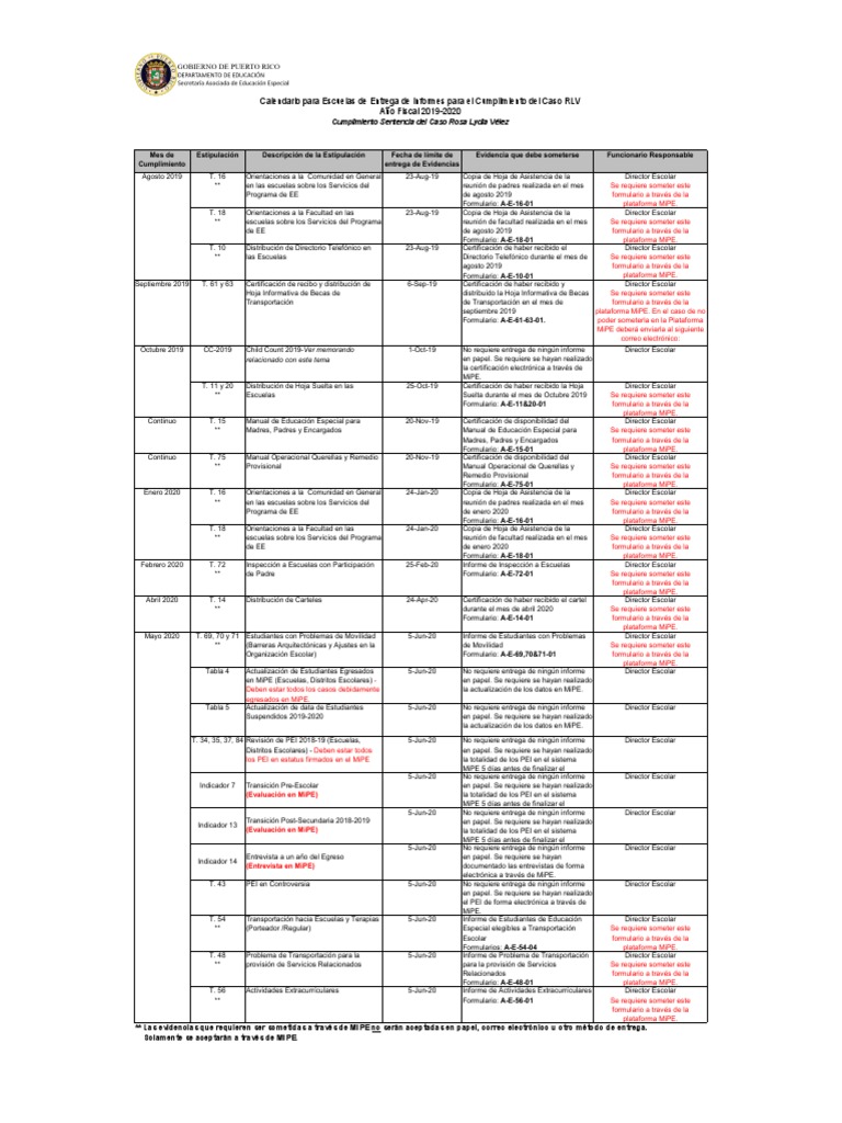 Calendario Escuelas Tareas RLV 2019 2020 | PDF