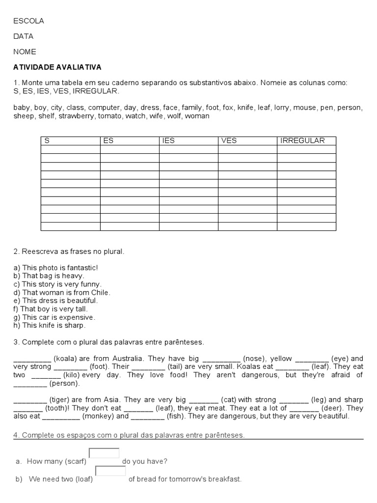 Atividade Ingles 1 Ano | PDF