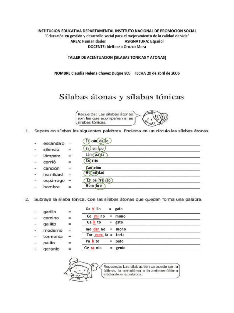 Taller de Sílaba Tónica y Átona | PDF